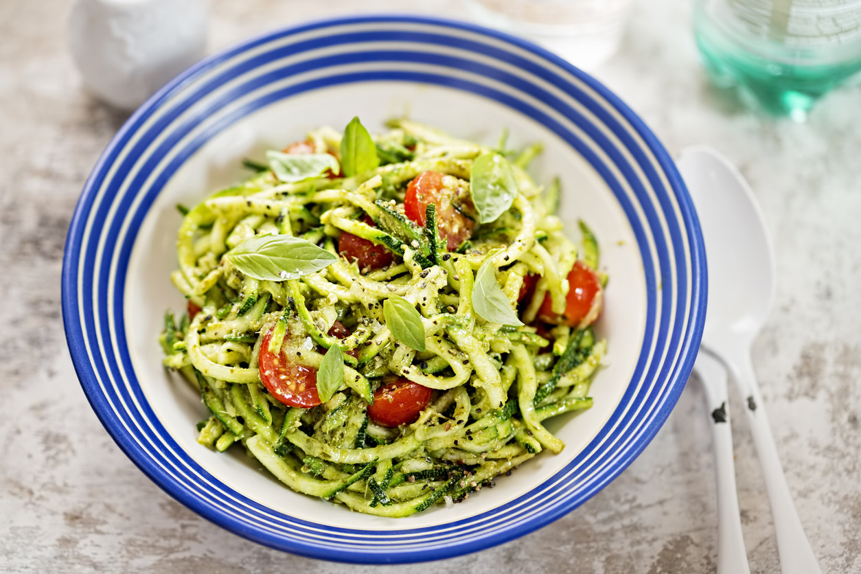 Basil Pesto Courgetti with Roasted Cherry Tomatoes | The Gut Experts